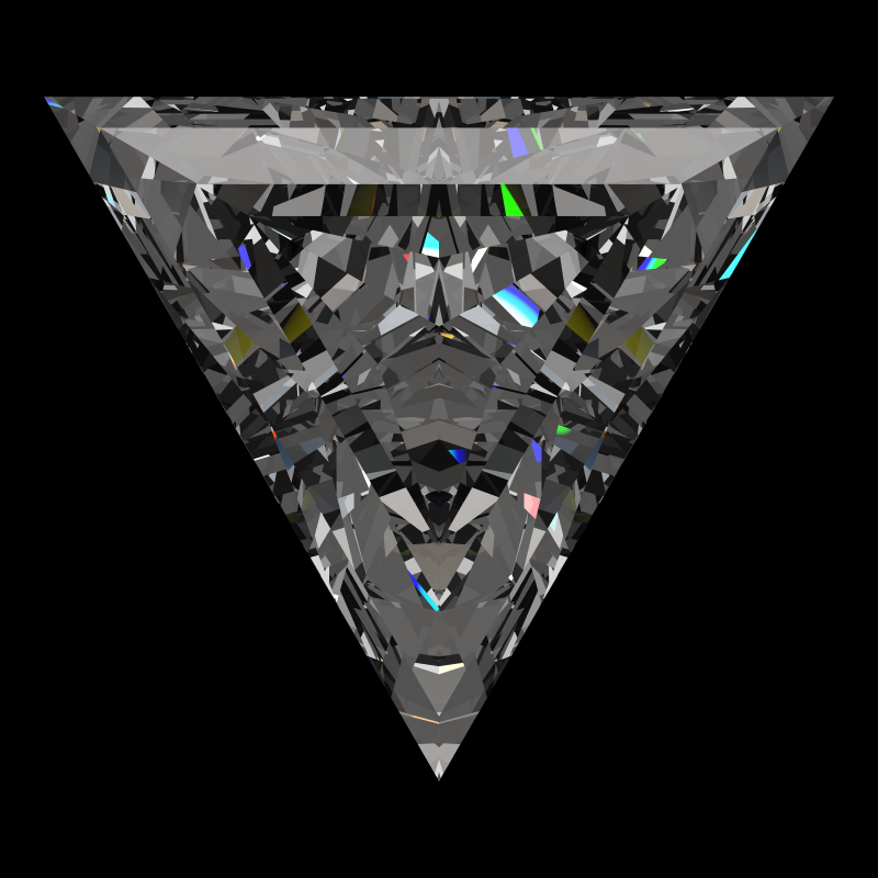 Triangle cut in diamond face-up under a single bright light: a render from our simulator, its coloured flashes are the fire (score 86)