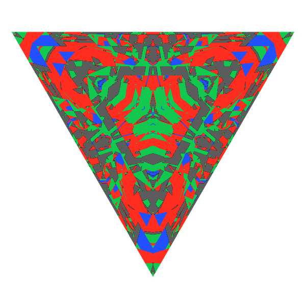 Triangle cut in diamond face-up Light Return map: red, green and blue show where the light returns from, grey shows where it leaks (Brilliance 53)