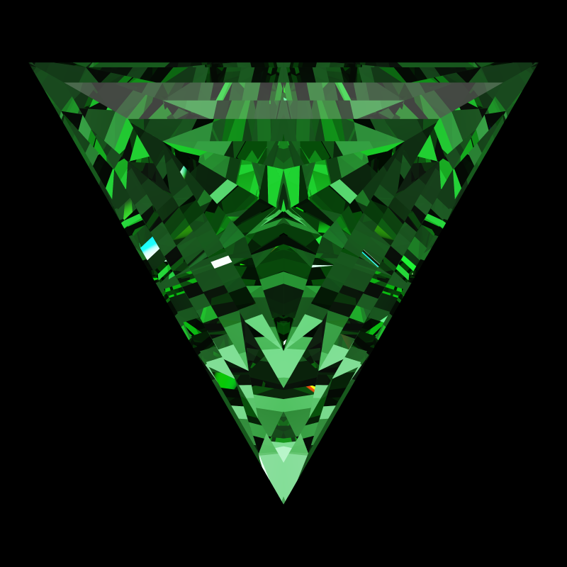Triangle cut in emerald face-up under a single bright light: a render from our simulator, its coloured flashes are the fire (score 65)