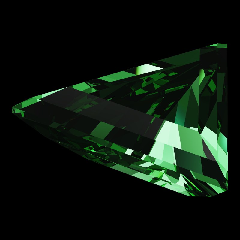 The Triangle Cut in emerald, rendered at an angle in our 3D Gemstone Simulator under studio light