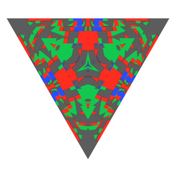 Triangle cut in emerald face-up Light Return map: red, green and blue show where the light returns from, grey shows where it leaks (Brilliance 27)