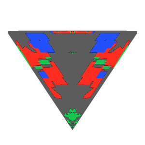 Triangle cut in emerald tilted 30 degrees: Light Return map, 57% of the face leaking