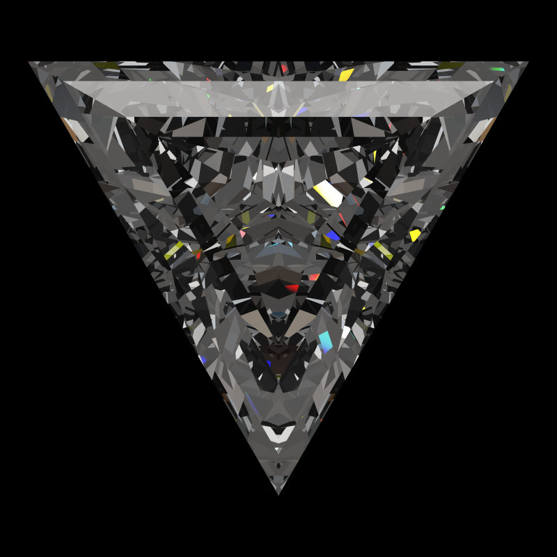 Triangle cut in moissanite face-up under a single bright light: a render from our simulator, its coloured flashes are the fire (score 96)