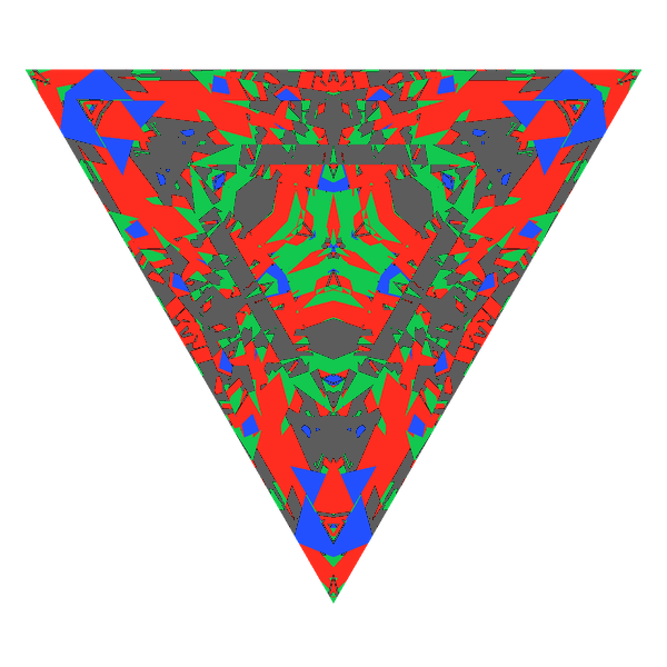Triangle cut in moissanite face-up Light Return map: red, green and blue show where the light returns from, grey shows where it leaks (Brilliance 52)