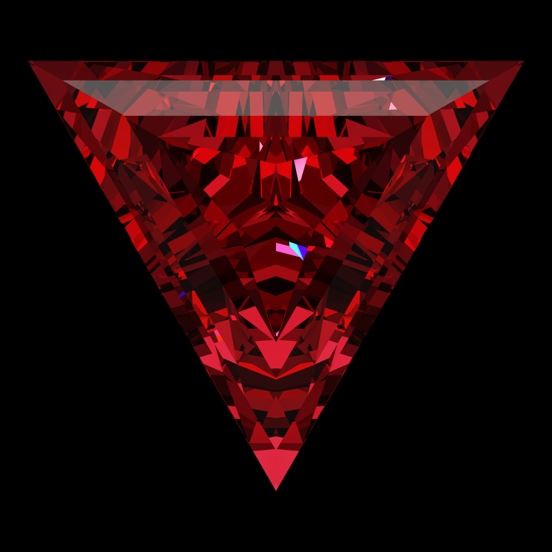 Triangle cut in ruby face-up under a single bright light: a render from our simulator, its coloured flashes are the fire (score 54)