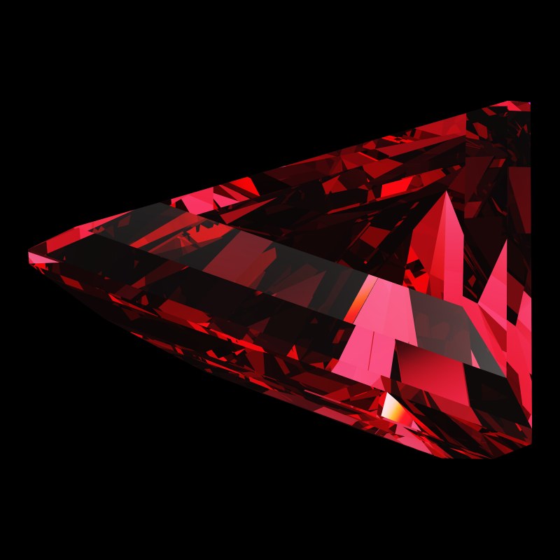The Triangle Cut in ruby, rendered at an angle in our 3D Gemstone Simulator under studio light