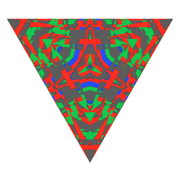 Triangle cut in ruby face-up Light Return map: red, green and blue show where the light returns from, grey shows where it leaks (Brilliance 33)