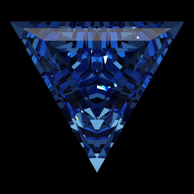 Triangle cut in sapphire face-up under a single bright light: a render from our simulator, its coloured flashes are the fire (score 54)