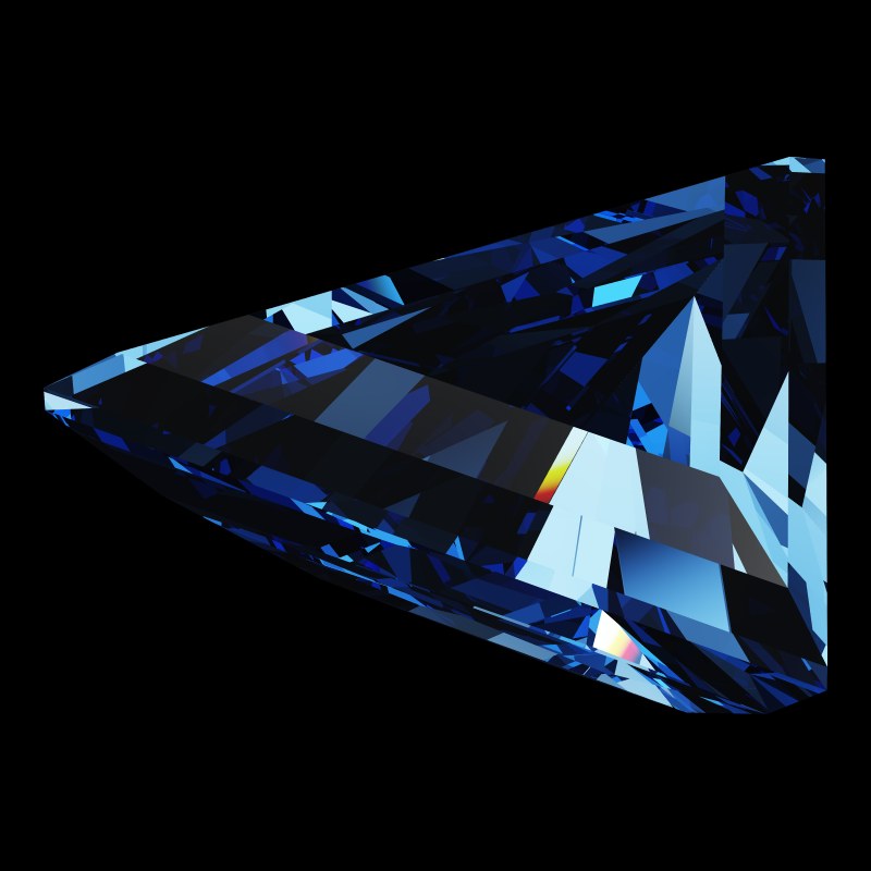 The Triangle Cut in sapphire, rendered at an angle in our 3D Gemstone Simulator under studio light