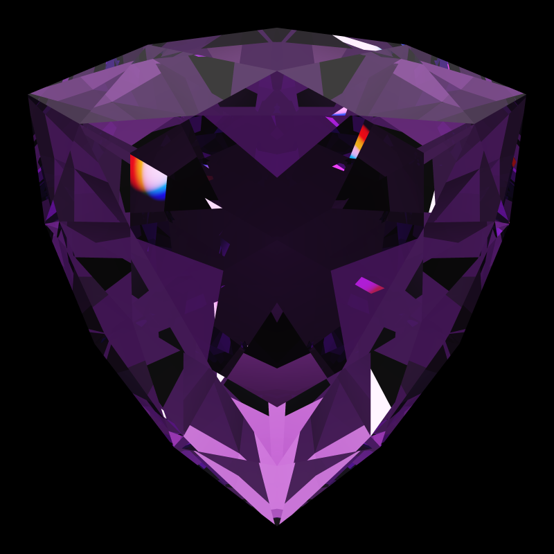 Trilliant cut in amethyst face-up under a single bright light: a render from our simulator, its coloured flashes are the fire (score 34)