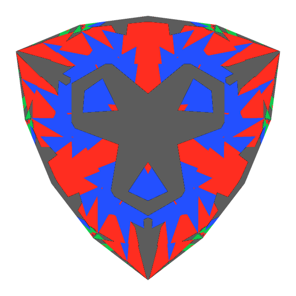 Trilliant cut in amethyst face-up Light Return map: red, green and blue show where the light returns from, grey shows where it leaks (Brilliance 63)