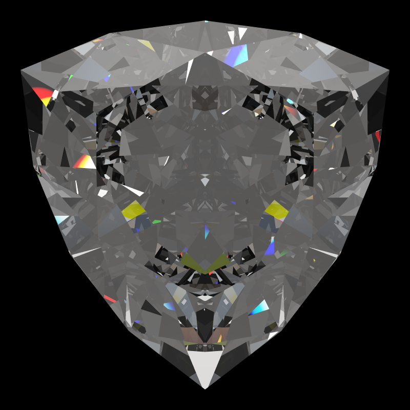 Trilliant cut in cubic zirconia face-up under a single bright light: a render from our simulator, its coloured flashes are the fire (score 94)