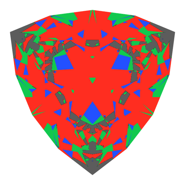 Trilliant cut in cubic zirconia face-up Light Return map: red, green and blue show where the light returns from, grey shows where it leaks (Brilliance 84)