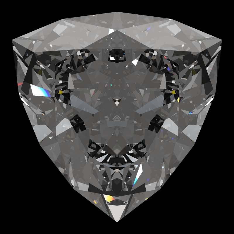 Trilliant cut in diamond face-up under a single bright light: a render from our simulator, its coloured flashes are the fire (score 83)