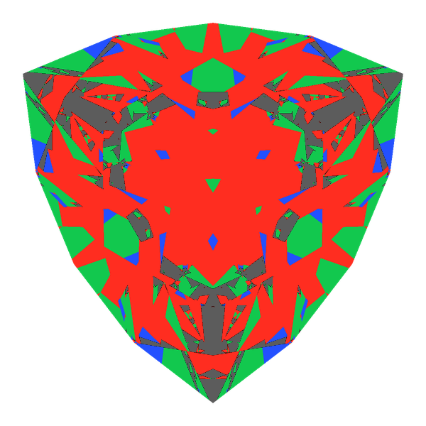 Trilliant cut in diamond face-up Light Return map: red, green and blue show where the light returns from, grey shows where it leaks (Brilliance 78)