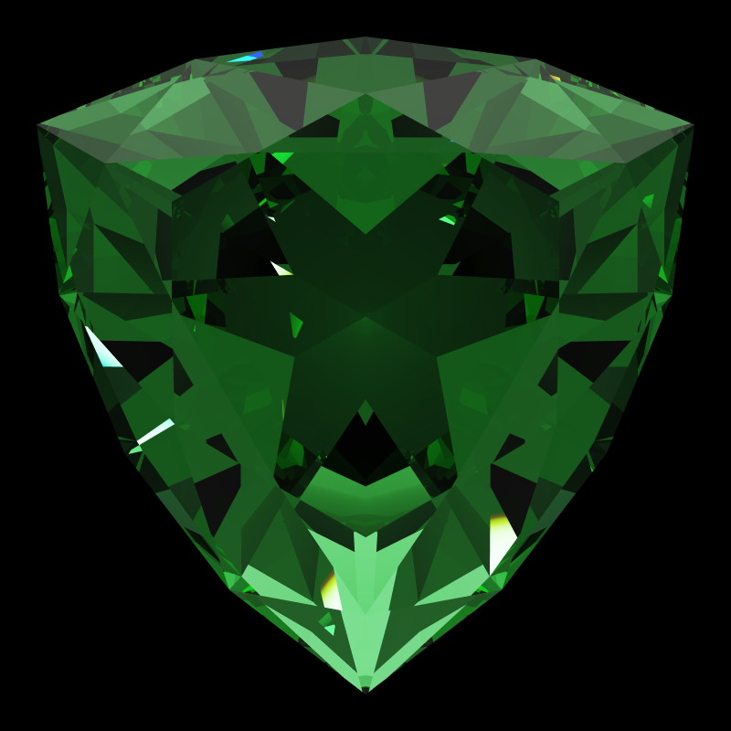 Trilliant cut in emerald face-up under a single bright light: a render from our simulator, its coloured flashes are the fire (score 41)