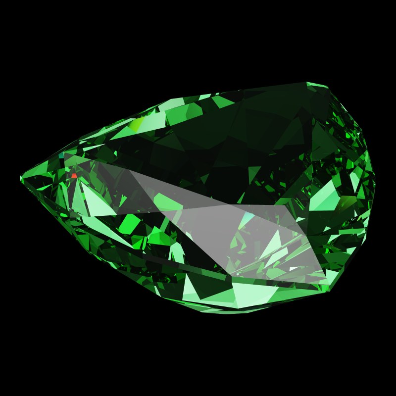 The Trilliant Cut in emerald, rendered at an angle in our 3D Gemstone Simulator under studio light