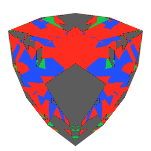 Trilliant cut in emerald tilted 10 degrees: Light Return map, 33% of the face leaking