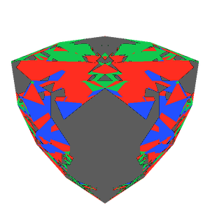 Trilliant cut in emerald tilted 30 degrees: Light Return map, 42% of the face leaking