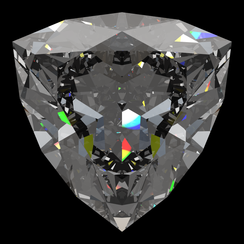Trilliant cut in moissanite face-up under a single bright light: a render from our simulator, its coloured flashes are the fire (score 95)