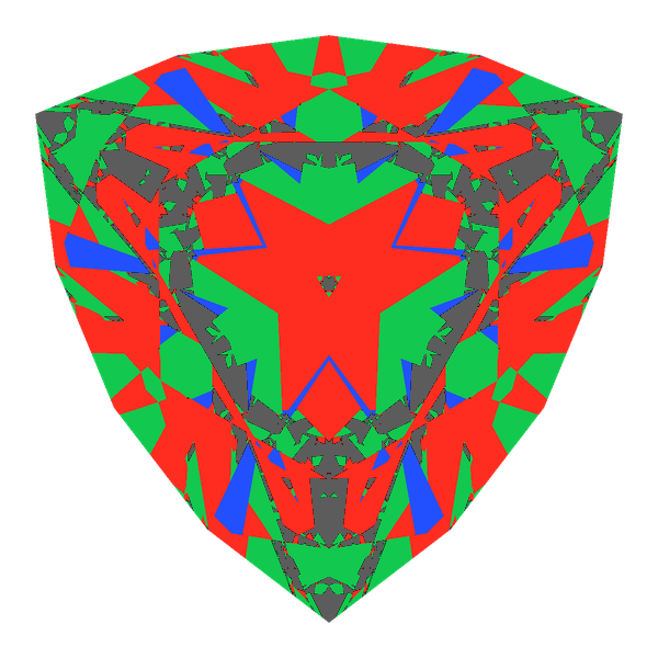 Trilliant cut in moissanite face-up Light Return map: red, green and blue show where the light returns from, grey shows where it leaks (Brilliance 71)