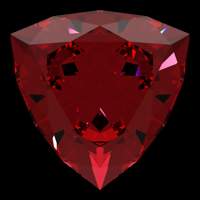 Trilliant cut in ruby face-up under a single bright light: a render from our simulator, its coloured flashes are the fire (score 52)