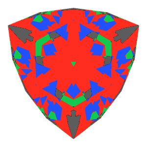 Trilliant cut in ruby tilted 0 degrees: Light Return map, 10% of the face leaking