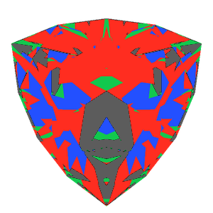 Trilliant cut in ruby tilted 10 degrees: Light Return map, 19% of the face leaking