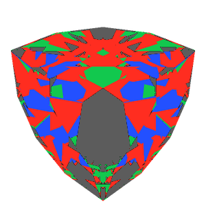 Trilliant cut in ruby tilted 20 degrees: Light Return map, 26% of the face leaking