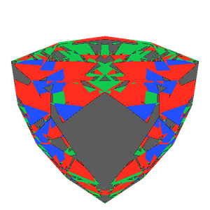 Trilliant cut in ruby tilted 30 degrees: Light Return map, 34% of the face leaking