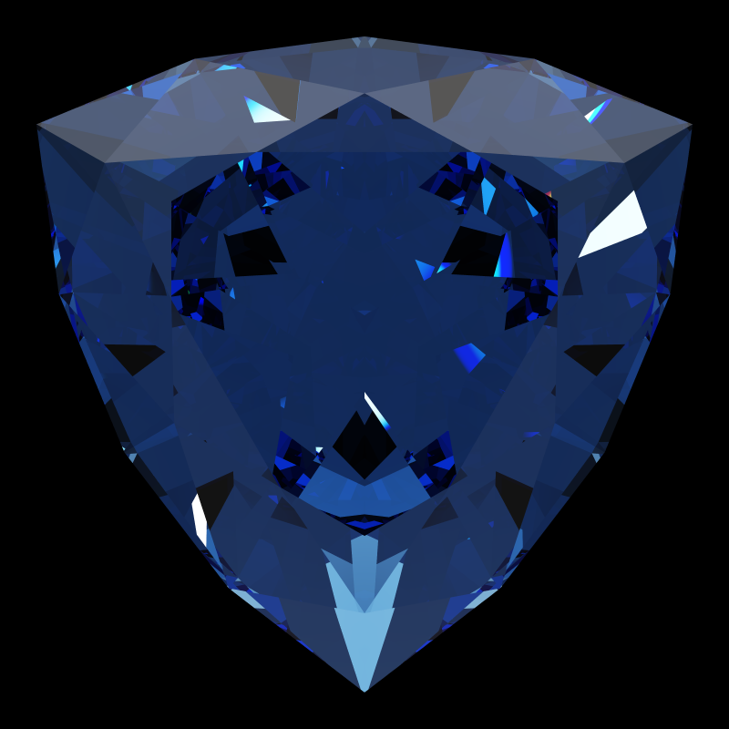 Trilliant cut in sapphire face-up under a single bright light: a render from our simulator, its coloured flashes are the fire (score 52)