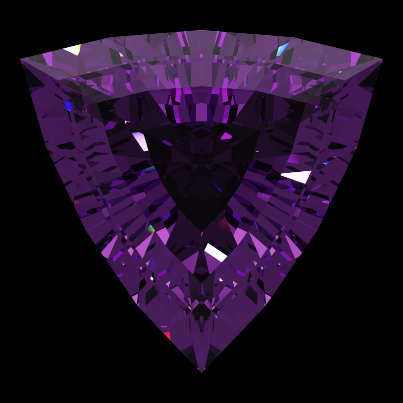 Trillion cut in amethyst face-up under a single bright light: a render from our simulator, its coloured flashes are the fire (score 44)