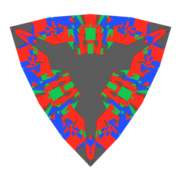 Trillion cut in amethyst face-up Light Return map: red, green and blue show where the light returns from, grey shows where it leaks (Brilliance 60)
