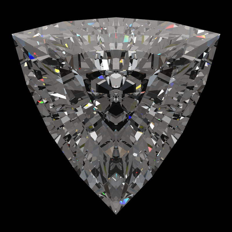Trillion cut in cubic zirconia face-up under a single bright light: a render from our simulator, its coloured flashes are the fire (score 93)