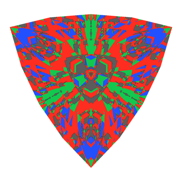 Trillion cut in cubic zirconia face-up Light Return map: red, green and blue show where the light returns from, grey shows where it leaks (Brilliance 73)