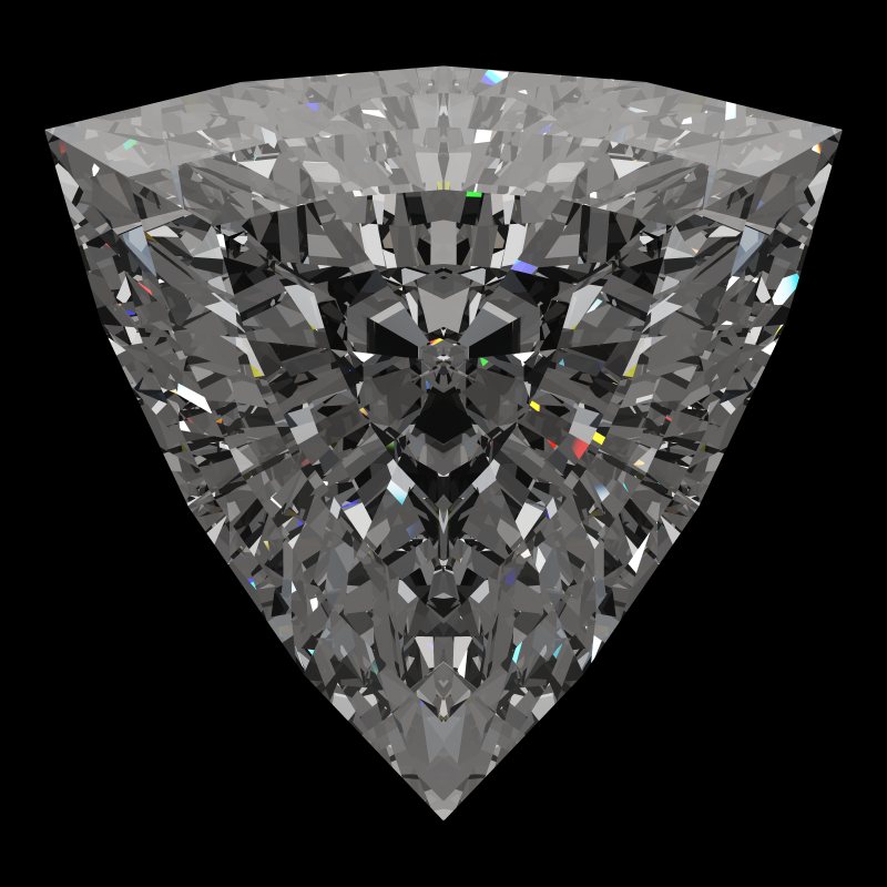 Trillion cut in diamond face-up under a single bright light: a render from our simulator, its coloured flashes are the fire (score 87)