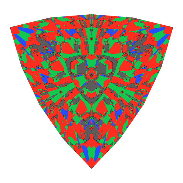 Trillion cut in diamond face-up Light Return map: red, green and blue show where the light returns from, grey shows where it leaks (Brilliance 67)