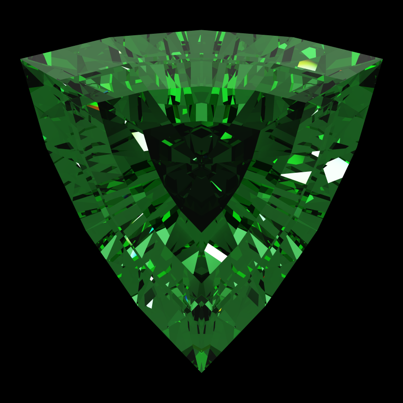 Trillion cut in emerald face-up under a single bright light: a render from our simulator, its coloured flashes are the fire (score 48)