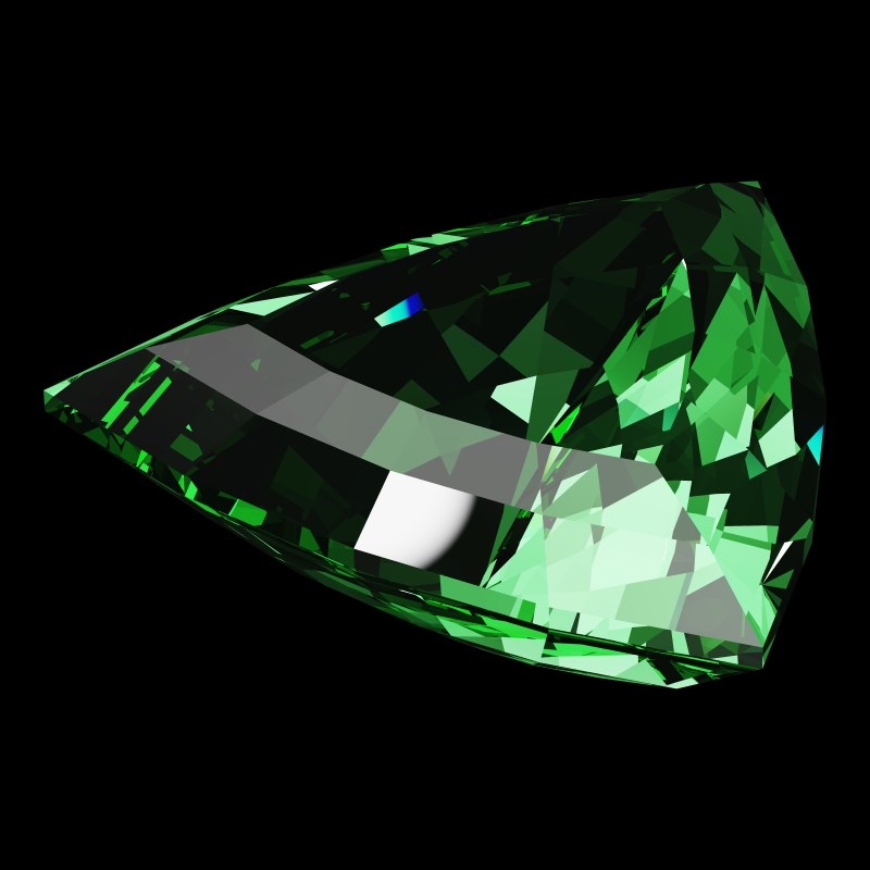 The Trillion Cut in emerald, rendered at an angle in our 3D Gemstone Simulator under studio light