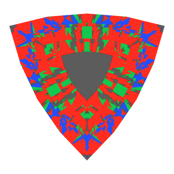 Trillion cut in emerald face-up Light Return map: red, green and blue show where the light returns from, grey shows where it leaks (Brilliance 63)