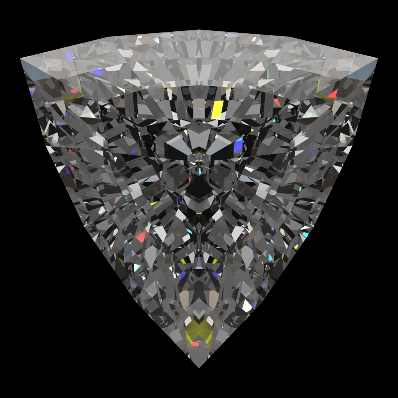 Trillion cut in moissanite face-up under a single bright light: a render from our simulator, its coloured flashes are the fire (score 93)