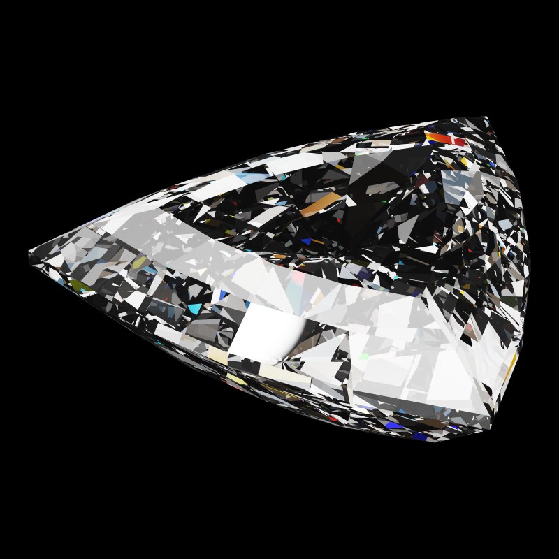 The Trillion Cut in moissanite, rendered at an angle in our 3D Gemstone Simulator under studio light