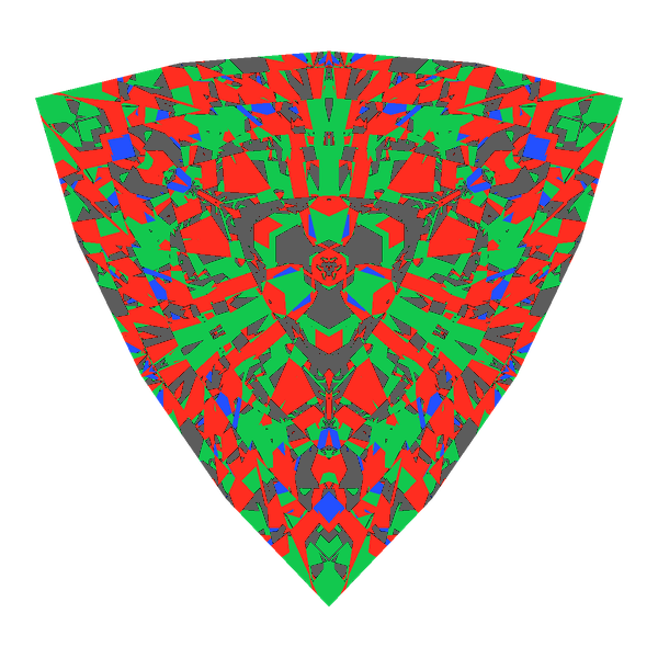 Trillion cut in moissanite face-up Light Return map: red, green and blue show where the light returns from, grey shows where it leaks (Brilliance 60)