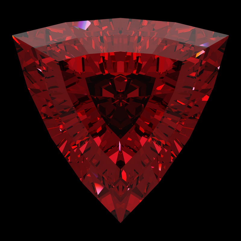 Trillion cut in ruby face-up under a single bright light: a render from our simulator, its coloured flashes are the fire (score 59)
