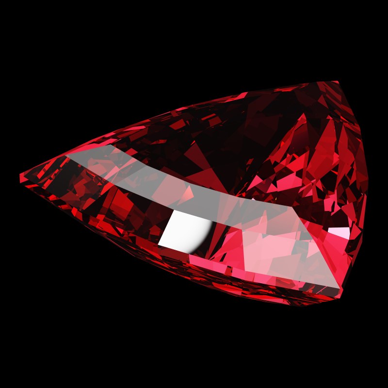 The Trillion Cut in ruby, rendered at an angle in our 3D Gemstone Simulator under studio light