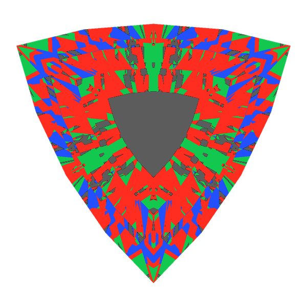 Trillion cut in ruby face-up Light Return map: red, green and blue show where the light returns from, grey shows where it leaks (Brilliance 72)