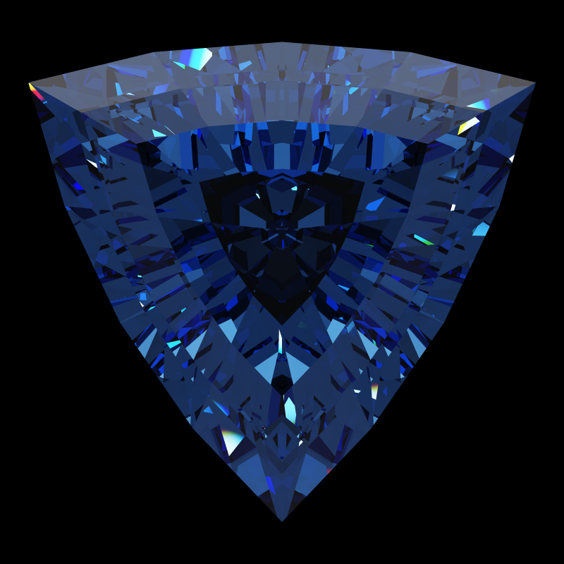 Trillion cut in sapphire face-up under a single bright light: a render from our simulator, its coloured flashes are the fire (score 59)